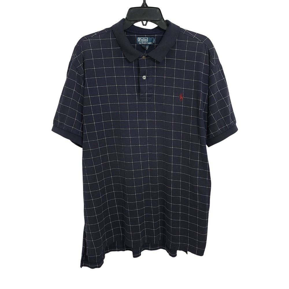Vintage Polo Ralph Lauren Short Sleeve Polo Shirt Mens XL Navy Windowpane Grid